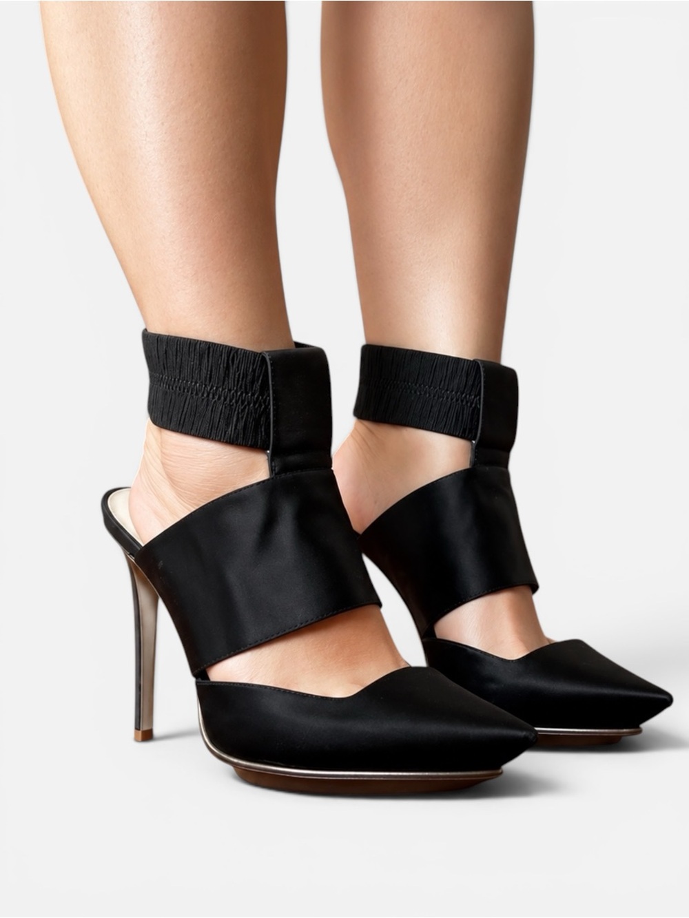 Stella McCartney Black Satin Pointed Slingback Heels with Ankle Cuff
